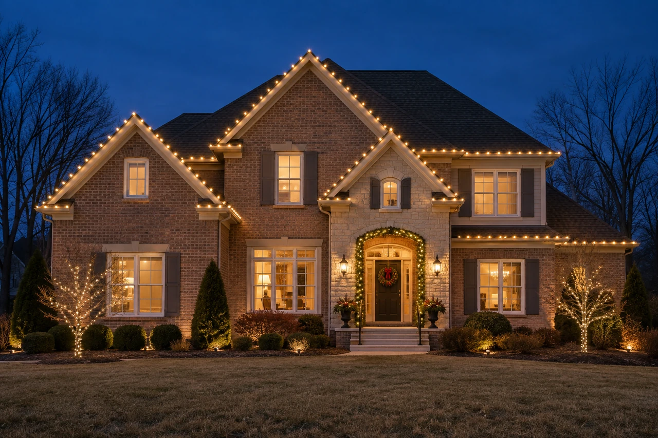 Lighting inspiration: a home with warm white Christmas lights tracing its roofline at dusk.